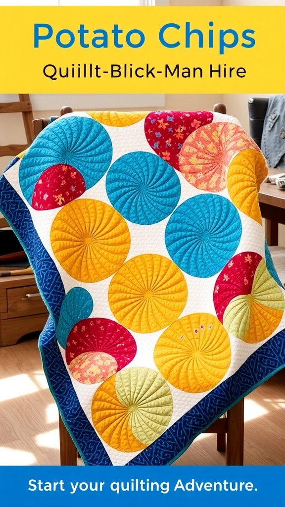 Bright Potato Chip quilt blocks in a colorful pattern draped over a chair.